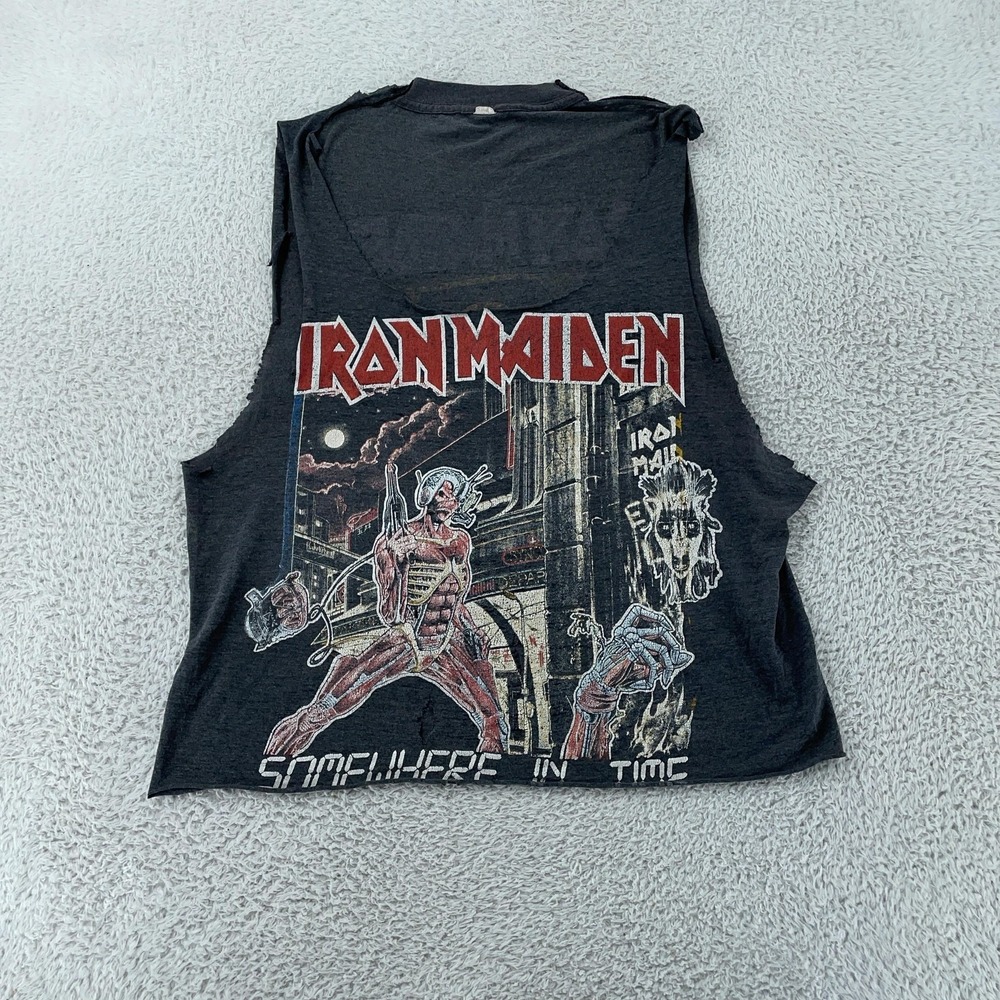 TRASHED Vtg 80s Iron Maiden CUTOFF T-Shirt CROPPED M Somewhere In Time 1987